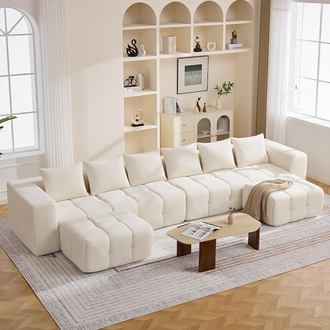 160" Boneless U-Shaped Sofa Couch with 2 Ottoman, 6 Seater Comfy Cloud Sectional Sofas with Deep Seat, Oversized Chenille Sectional Memory Foam Couches for Living Room Bedroom, Tufted Sofa, Beige