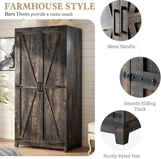 LUXOAK 70" Large Armoire Wardrobe Closet Set of 2 with Hanging Rod, Farmhouse Clothing Storage Cabinet with 4 Barn Doors, Wooden Tall Bedroom Armoires with Shelf, Dark Oak Wood