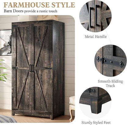 LUXOAK 70" Large Armoire Wardrobe Closet Set of 2 with Hanging Rod, Farmhouse Clothing Storage Cabinet with 4 Barn Doors, Wooden Tall Bedroom Armoires with Shelf, Dark Oak Wood