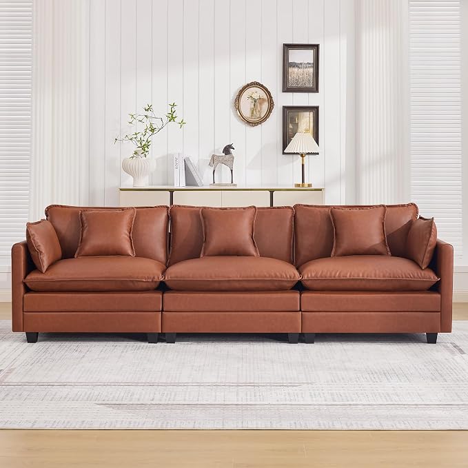 111'' Sectional Cloud Deep Seat Couch, Modern Comfy Leather Modular Sectional Sofa for Living Room Set, Upholstered Modular 3-Seats Sofa Couch, Leather Brown