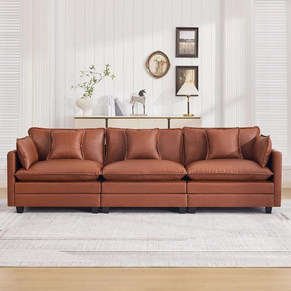 111'' Sectional Cloud Deep Seat Couch, Modern Comfy Leather Modular Sectional Sofa for Living Room Set, Upholstered Modular 3-Seats Sofa Couch, Leather Brown