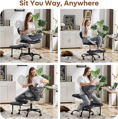 YFO Ergonomic Cross Legged Office Chair and ADHD Meditation Chair with Silent Wheels for Home Office Desk Chair and Yoga, Wider Backrest Support and Storage Pockets Design, Velvet Fabric, Grey