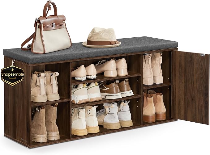 SONGMICS Home Storage Bench, Snapsemble Superfast Assembly, 41" Wide Entryway Shoe Bench with Cushion & Adjustable Shelves, Shoe Rack Cabinet, Natural Walnut and Slate Gray ULHS391KE04S