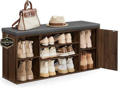SONGMICS Home Storage Bench, Snapsemble Superfast Assembly, 41" Wide Entryway Shoe Bench with Cushion & Adjustable Shelves, Shoe Rack Cabinet, Natural Walnut and Slate Gray ULHS391KE04S