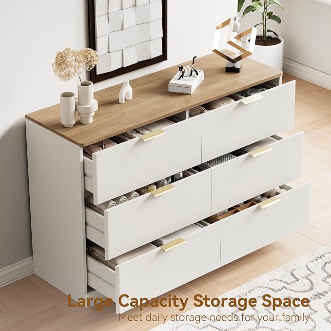3 Pieces of Dresser and Nightstand Set,47.2" Width 6-Drawer Dresser & 3-Drawer Nightstands Set of 2 w/Gold Metal Handle, Modern Design for Bedroom,White & Brown
