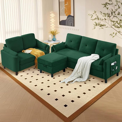 Convertible Sectional Sofa Set, 77" Small L Shaped 3 Seat Couch with Ottoman and 57" Loveseat, Modern Sofa Couches for Living Room, Green