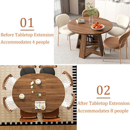 43.3in-59in Extendable Round Dining Table for 4-8,Modern Kitchen Oval Dining Table with Removable Leaves Space Saving,Wood Base with Storage Shelf for Kitchen Living Room (Walnut)