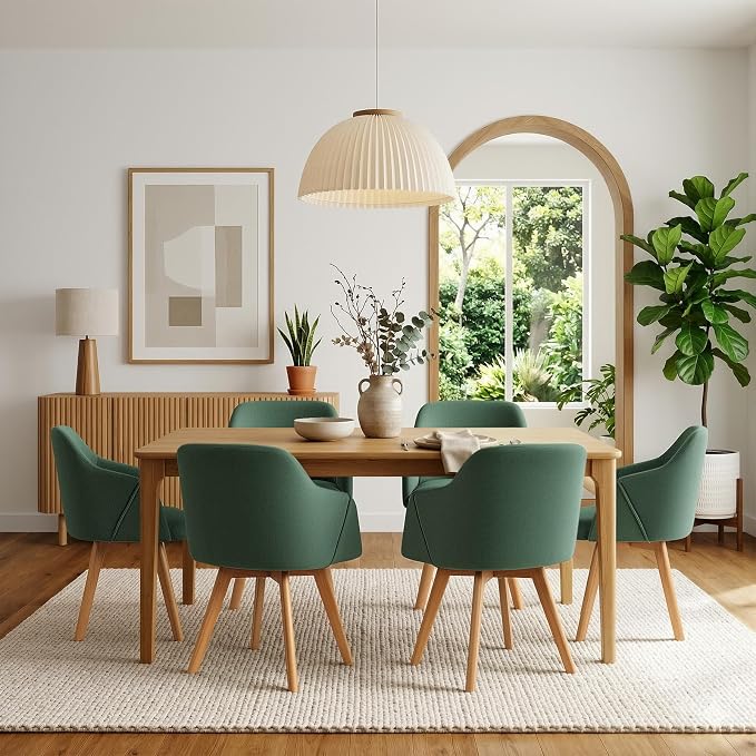 Swivel Dining Chairs Set of 6, Mid Century Modern Dining Chairs with Arms, Wood Legs, Linen Fabric Upholstered Kitchen Chairs for Dining Room Living Room, Comfortable Large Seat, Green