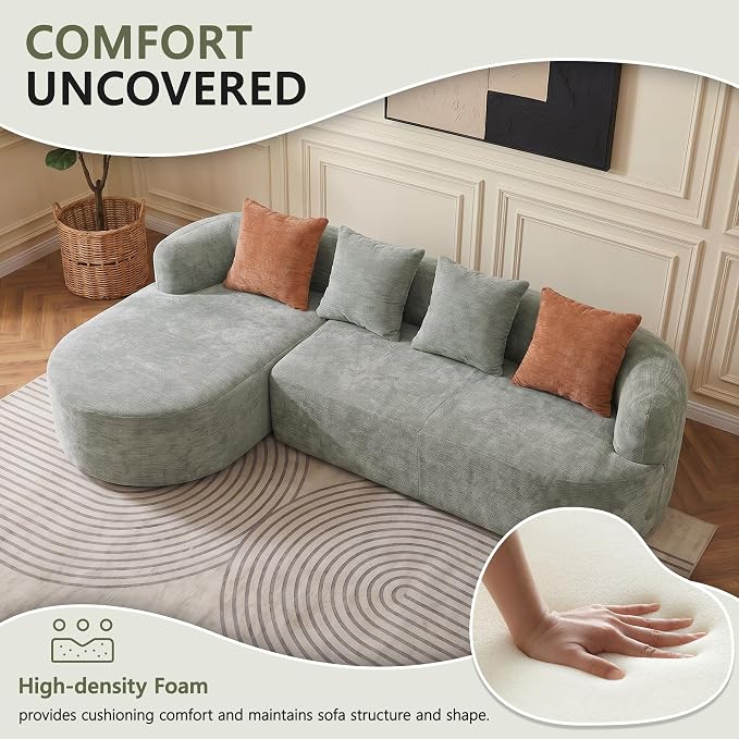 Modular Sectional Boneless Couches, Cloud Sectional Couch with L-Shape Curved Chaise, Modern Comfy Chenille Sofa with Deep Seat for Living Room, Bedroom, No Assembly Required (Greeny)