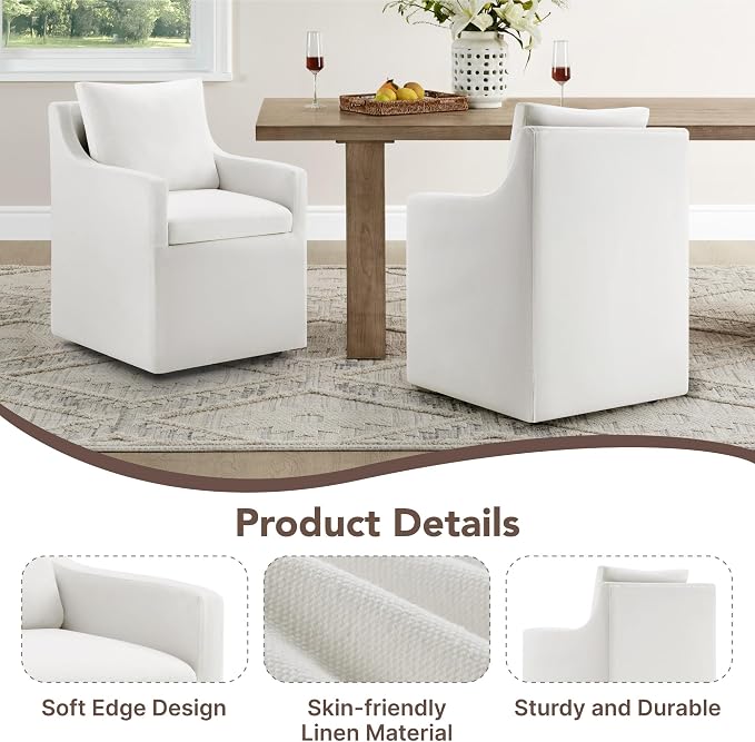 KISLOT Upholstered Dining Chairs Set of 4, Modern Dining Room Chairs with Casters & Washable Cover, Rolling Accent Chair with Hidden Storage for Kitchen, Farmhouse, Living Room, White, 4 Box
