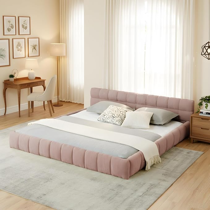 KEIKI King Thick Chenille Bed Frame with 4 Storage Drawer & Upholstered Tufted Headboard, Modern Solid Wood Floor Platform for Bedroom, No Box Spring Needed