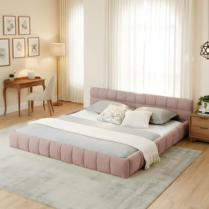 KEIKI King Thick Chenille Bed Frame with 4 Storage Drawer & Upholstered Tufted Headboard, Modern Solid Wood Floor Platform for Bedroom, No Box Spring Needed