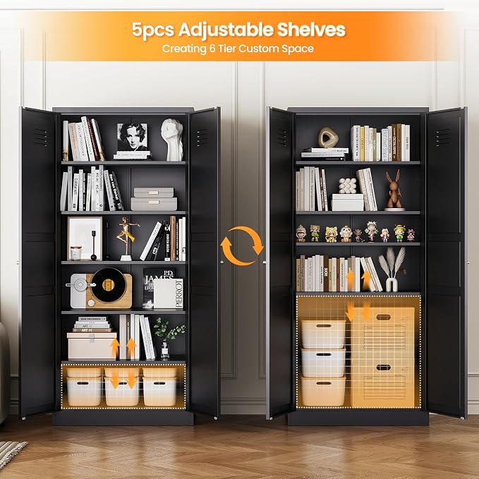 71" Tall Kitchen Pantry Storage Cabinet with 2 Doors and 5 Adjustable Shelve, Metal Black Food Pantry Cabinet, Kitchen Cabinet Storage Unit,6 Tier Freestanding Cupboard for Kitchen Dining/Living Room
