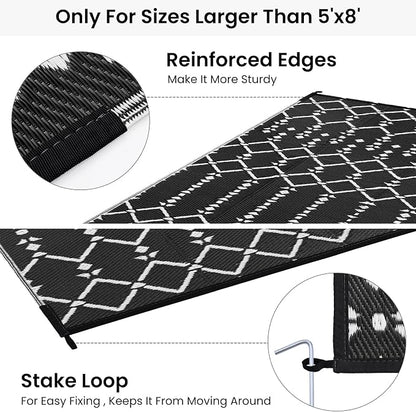 Smiry Outdoor Rug 8x10 ft, Waterproof Reversible Plastic Straw Rugs, Boho Outdoor Area Rug, Outside Floor Mat for Patio, Backyard, Deck, Picnic, Beach, Camping, Black