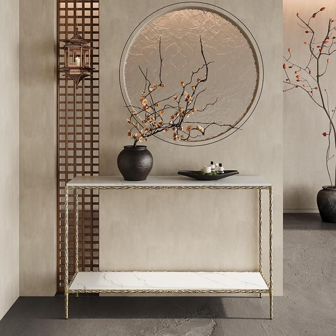 Antique Console Table with Faux Marble Wood Top, 47" Narrow Entryway Table with 2-Tier Open Storage Shelves, Modern Slim Sofa Table with Antique Brass Finish for Hallway, Living Room