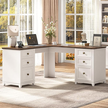 Vabches Farmhouse L Shaped Executive Desk with 6 Drawers, 59’’ Wood Home Office Desk with File Cabinet, Writing Corner Computer Desk for Home Office, Work, Study, White and Brown