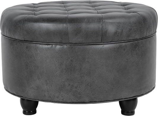 HomePop 25" Button Tufted Round Storage Ottoman - Gray Faux Leather