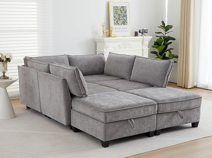 ORRD Sleeper Modular Sectional Sofa Set, Convertible Couch Bed with Storage, 6 Seater and 4 Armrestes Sofa Modular for Living Room, Office (Grey)