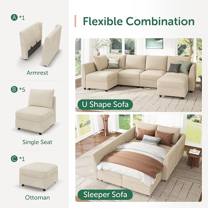 HONBAY Modular Sectional Sofa L Shaped Sectional Couch with Storage, Convertible Couches for Living Room - Beige