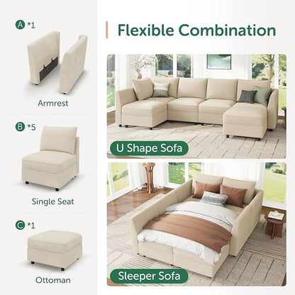 HONBAY Modular Sectional Sofa L Shaped Sectional Couch with Storage, Convertible Couches for Living Room - Beige