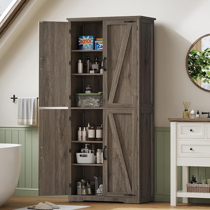 TEENFON Tall Storage Cabinet, Kitchen Pantry Cabinet with 4 Shelves, Adjustable Shelves, Pantry Cabinets with 4 Barn Doors, Tall Kitchen Cabinets for Dining Room, Living Room, Dark Walnut