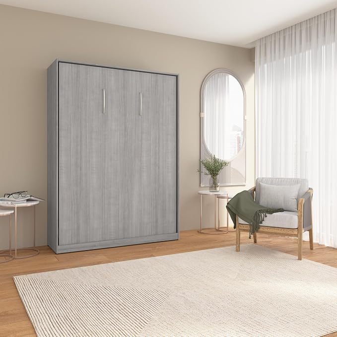 Bestar Claremont 59W Full Murphy Bed in Platinum Gray, Sleeping Arrangement for Multipurpose Area, Bedroom, Guest Room, or Living Room