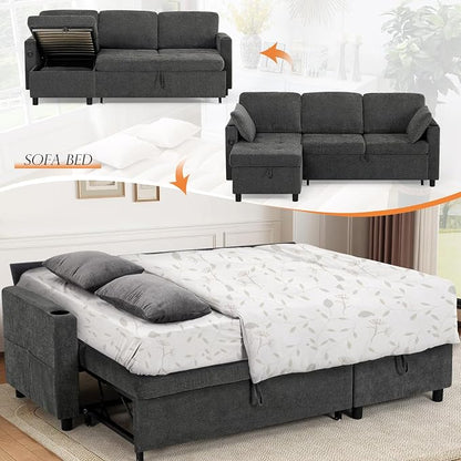 84" Fabric Sleeper Sofa Bed w/Adjustable Backrests, L-Shaped Sectional Sofa Bed w/USB Port & Thickened Cushions, Convertible Pull Out Couch Bed w/Storage Bags for Living Room, Grey