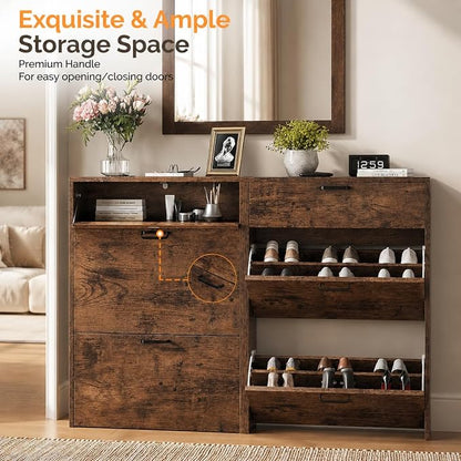 VINGLI Shoe Cabinet Storage for Entryway Ultra Slim with 2 Flip &1Drop-Down Drawers, 24.8" W Narrow Shoe Cabinet for Front Door Entrance,Freestanding Rustic Brown Wood Shoes Organizer for Hallway