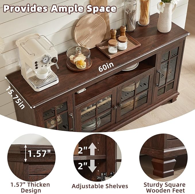 SAVOR LIFE Large Sideboard Buffet Cabinet with Storage,Vintage Walnut Farmhouse 60" Wide Sideboard Cabinets with Glass Doors & Wood Legs,Kitchen Coffee Bar Credenza for Dining Room, Living Room