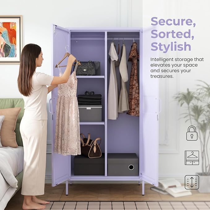 67 Inch Lockable Lavender Purple Metal Storage Wardrobe, French Retro Arched Door Steel Closet with Hanging Rod & Adjustable Shelves for Bedroom Office Size：67" H x 31.5" W x 18.1" D