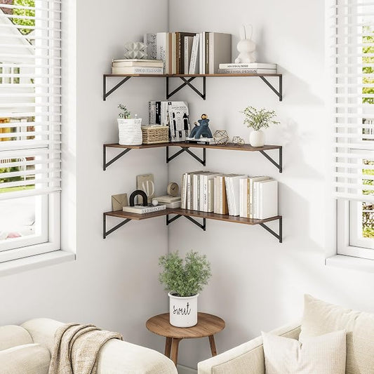 Heimlove 24" W x 12" D Wall Shelves for Books, 12 Inch Deep Floating Shelves Set of 3, Wide Floating Bookshelf with Metal Bracket for Living Room, Kitchen, Office, Bedroom and Decor Storage - Walnut