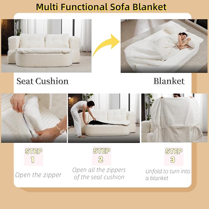 78.7" Futon Sofa Bed, 2-in-1 Foldable Sleeper Sofa, Convertible Floor Couch with Pillows, Corduroy Couch with Multi Functional Blanket Upholstered Boneless Couches for Living Room, Cream Beige