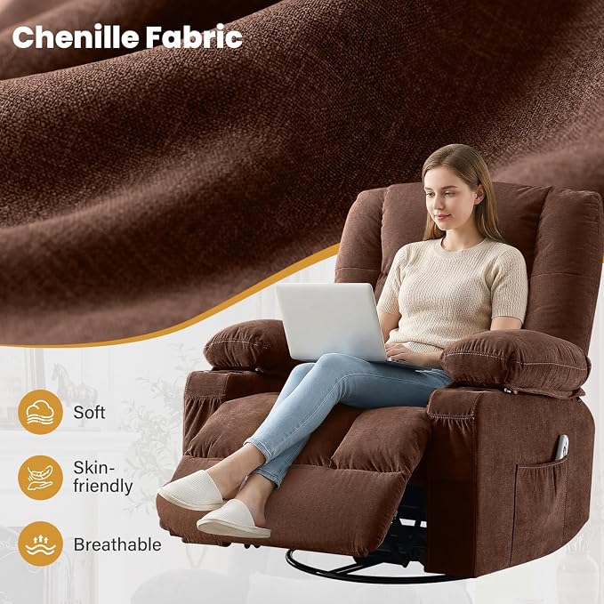 Swivel Recliner Chair for Adults with Vibration Massage and Lumbar Heat , Oversized Ergonomic Rocking Chair for Living Room and Bedroom, Featuring Side Pocket, 2 Cup Holders & USB Charge Port