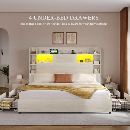 YITAHOME King Bed Frame with Bookcase Headboard and 4 Storage Drawers, RGB LED Light Bed with Type-C & USB Charging Station Storage Headboard Bed Frame, No Box Spring Needed, Noise Free, Antique White