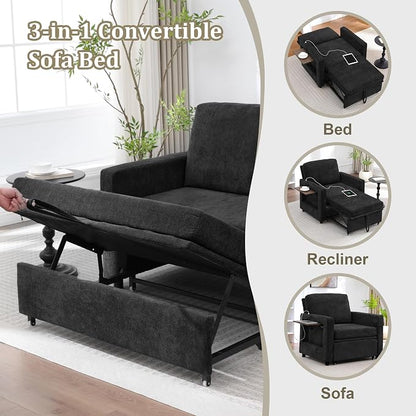 3 in 1 Folding Convertible Sleeper Sofa Bed Pull Out Couch with Side Pockets USB Port Side Table Single Sofa Bed with Adjustable Backrest for Living Room Bedroom 66" Black 1 SEAT