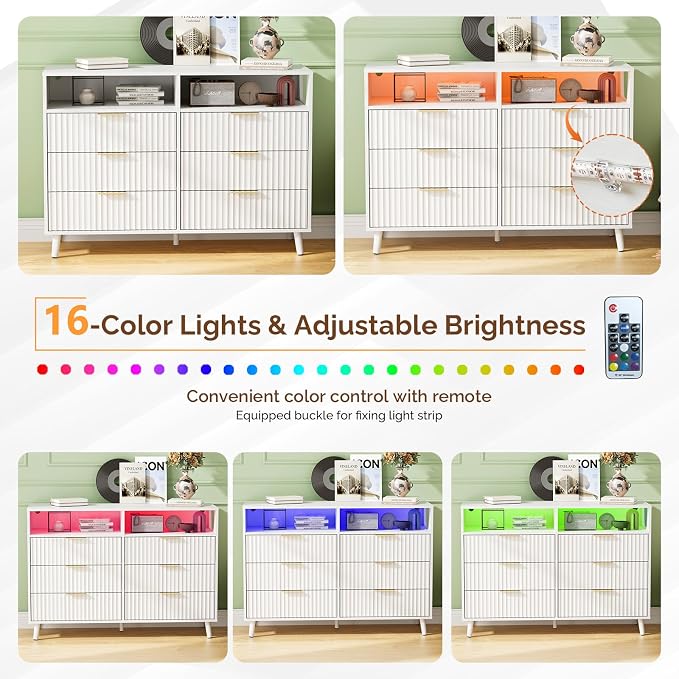 VINGLI Fluted White Dresser, Led Dresser 6 Drawer, White Wood Bedroom Dressers TV Stand, Modern, 47" W*15.75" D*33" H