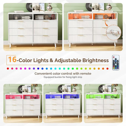 VINGLI Fluted White Dresser, Led Dresser 6 Drawer, White Wood Bedroom Dressers TV Stand, Modern, 47" W*15.75" D*33" H
