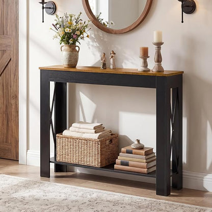 YATINEY Farmhouse Console Table, 39.4'' Small Narrow Entryway Table, Wood Couch Table Behind Sofa with Storage Shelf, Slim Farmhouse Hallway Table for Hallway, Foyer, Black and Rustic Brown CT34BR