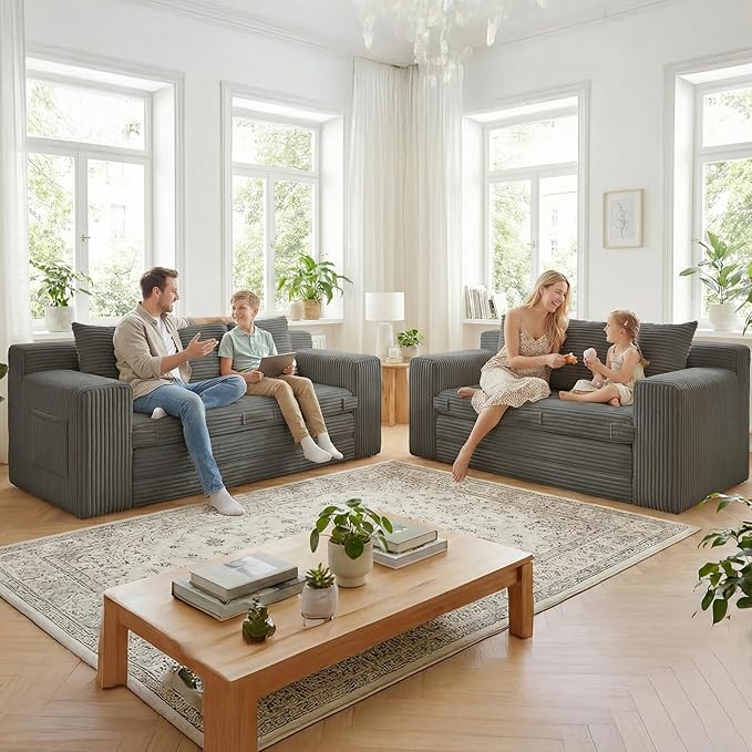 Boneless Couch,3 Seater Boneless Couch Bed – 3-in-1 Convertible Sleeper Sofa with Side Pockets & Handle,Pull Out Corduroy Futon for Small Space,Living Room & Bedroom, 3 Pillows Included,No Assembly