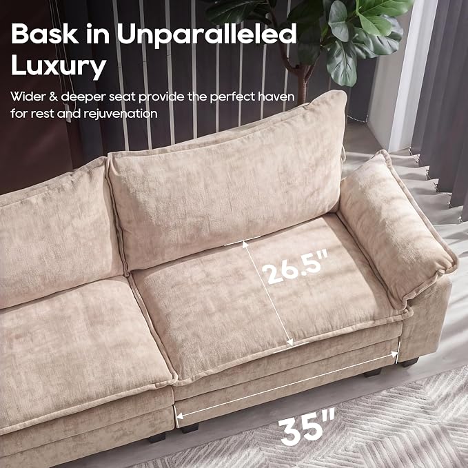 URRED Oversized Modular Sectional Sofa, 122" L Shaped Modern Comfy Cloud Couch with Movable Ottoman & Pillows, Deep Seat Couches for Living Room, Bedroom or Apartment (Chenille Khaki, 122" L Shaped)