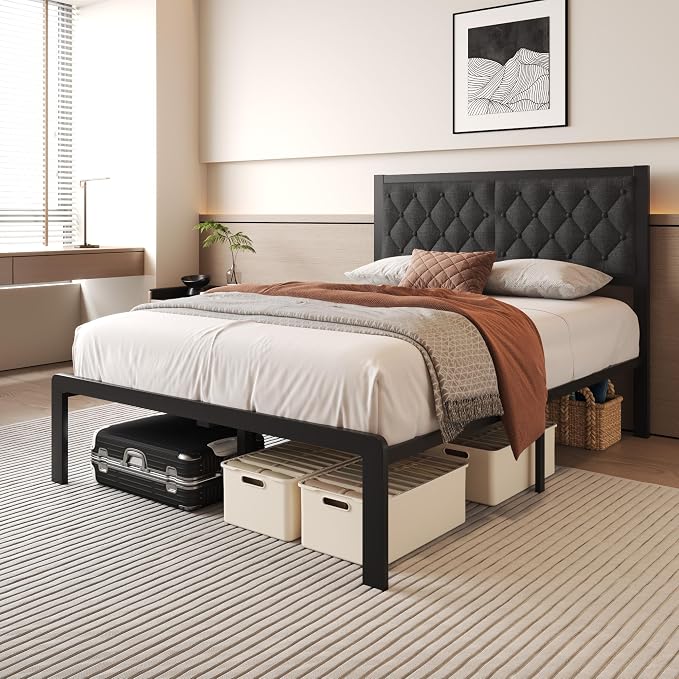 Fluest Full Bed Frame with Headboard Linen Upholstered Bed Frame Platform,All Metal Slats Support Platform Bed Frame with Storage Space,Easy Assembly,Noise Free,No Box Spring Needed,Grey