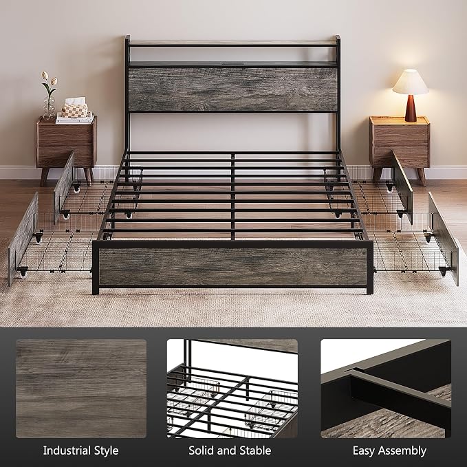 VINGLI Full Bed Frame with 4 Storage Drawers and Adjustable Headboard, Metal Double Platform Bed with Charging Station and LED Lights, No Box Spring Needed, Noise Free, Easy Assembly, Wash Grey
