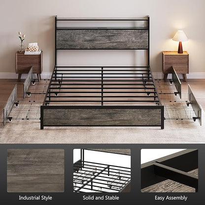 VINGLI Full Bed Frame with 4 Storage Drawers and Adjustable Headboard, Metal Double Platform Bed with Charging Station and LED Lights, No Box Spring Needed, Noise Free, Easy Assembly, Wash Grey