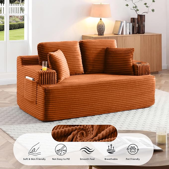 66.5'' Boneless Sofa Couch with Cup Holders & Side Pockets, Modern Corduroy Fabric Upholstered Loveseat Couch with 2 Throw Pillows for Living Room Office, No Assembly (Orange)