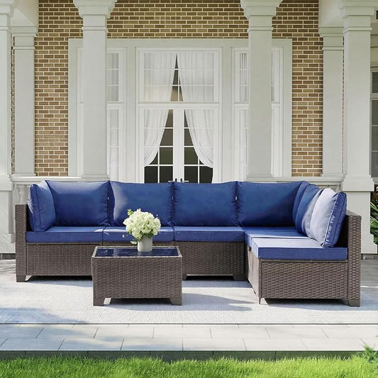 MOCHITO 7 Pieces Outdoor Patio Furniture Sets, All-Weather Sectional Sofa Dark Brown PE Rattan Wicker Conversation Set with Glass Table and Washable Blue Cushions for Backyard,Sunroom,Garden,Porch