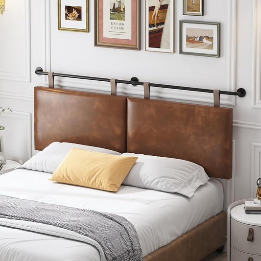 Queen Size Headboard, Wall Mounted Hanging Upholstered Bed Headboard with Modern Design Faux Leather Padded Headboards Ideal for Bedroom (Brown Leather, Queen