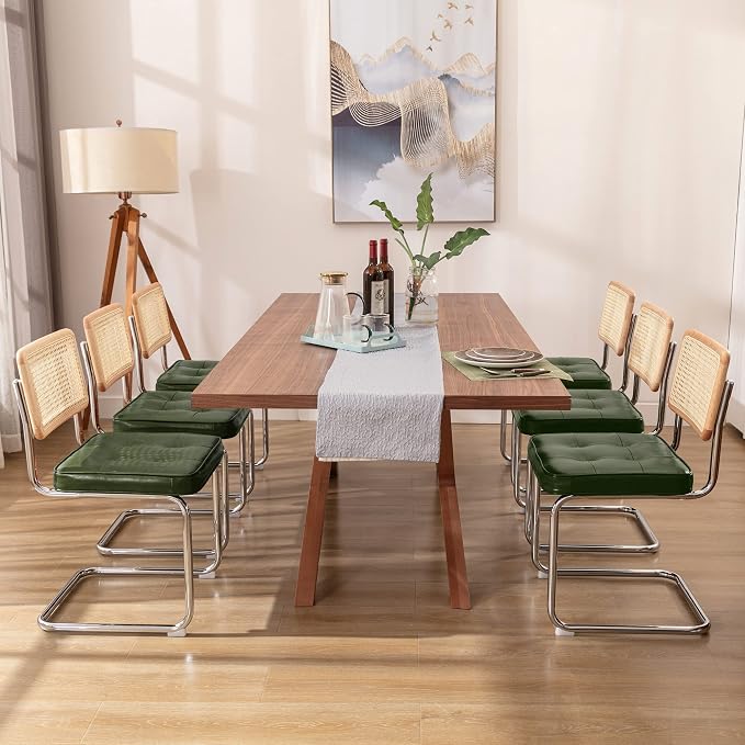 Zesthouse Natural Rattan Dining Chairs Set of 6, Mid Century Modern Dining Room Chairs with Chrome Leg, Faux Leather Kitchen Chair with Solid Wood Back & Cane Mesh, Breuer Cesca Design Inspired, Green
