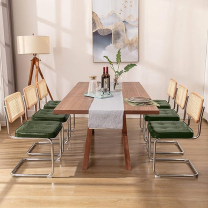 Zesthouse Natural Rattan Dining Chairs Set of 6, Mid Century Modern Dining Room Chairs with Chrome Leg, Faux Leather Kitchen Chair with Solid Wood Back & Cane Mesh, Breuer Cesca Design Inspired, Green