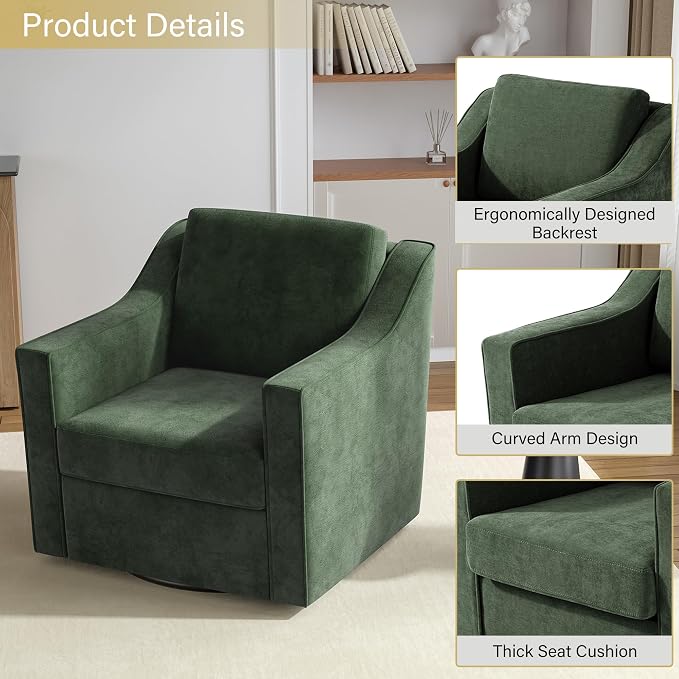 Swivel Accent Chair, Comfy Chenille Swivel Chair with Deep Seat, Upholstered Club Armchair with 360 Degree Rotation Base, Single Sofa Reading Chair for Living Room Bedroom, Green