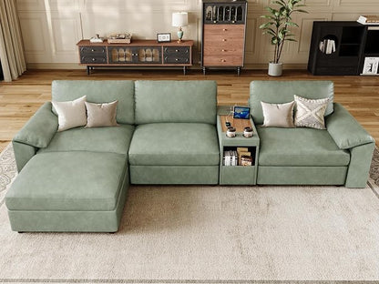 EASE MOOSE Leather Sectional Couch with Console,Oversized Modular Sectional Sofas,Wide Deep Seat Modular Couch,Scratch Resistant Faux Leather Material,L Shaped Sofa for Big Spaces,Green
